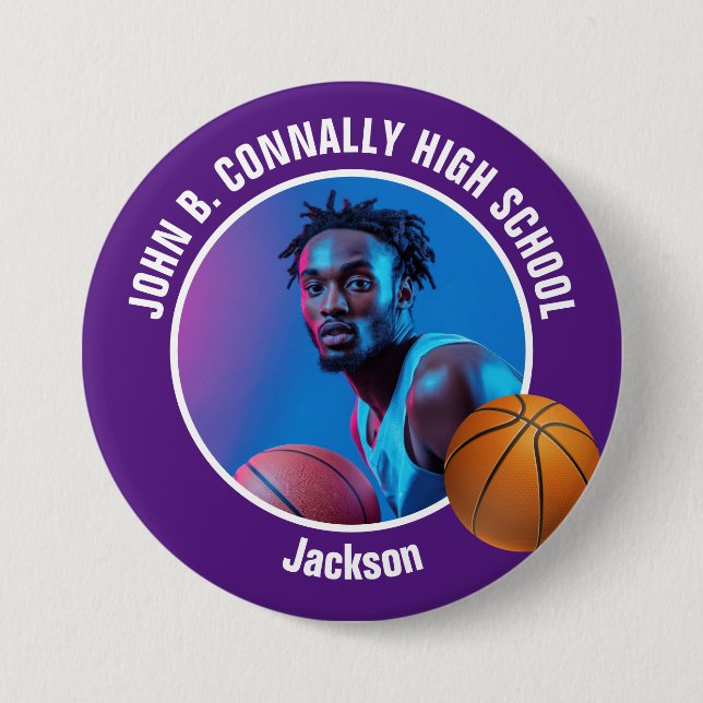Chapa Redonda De 7 Cm Large Purple High School Basketball Player Photo (Anverso)