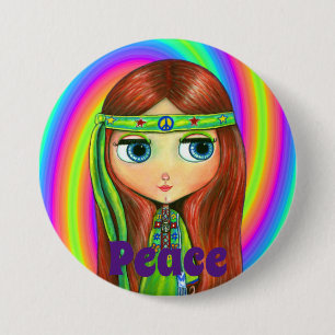 Chapa Redonda De 7 Cm Letrero verde hippie Chica de paz seña de cabeza d