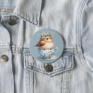 Chapa Redonda De 7 Cm Lindo pájaro azul con corona floral en taza de té