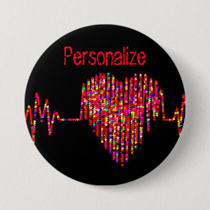 Chapa Redonda De 7 Cm Línea de EKG corazón médico negro rojo