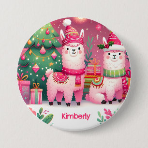 Chapa Redonda De 7 Cm Llama Rosa Personalizada Navidad Nombre