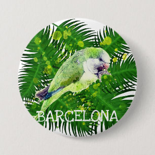 Chapa Redonda De 7 Cm Loro verde y hojas de palmera acuarela