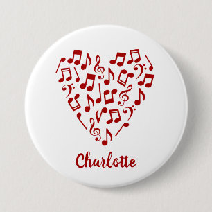 Chapa Redonda De 7 Cm Love Music Heart of Red Music Notes with Name