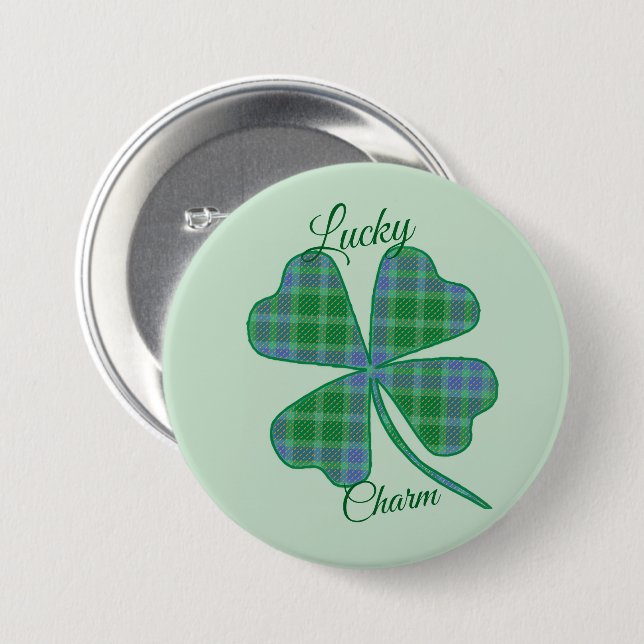 Chapa Redonda De 7 Cm Lucky Green Plaid Shamrock Four-Leaf Clover  (Anverso y reverso)