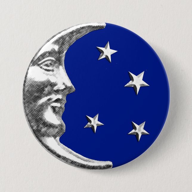Chapa Redonda De 7 Cm Luna y estrellas Art Deco - Azul cobalto y Plata (Anverso)