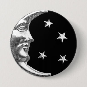 Chapa Redonda De 7 Cm Luna y estrellas del art déco - negro y plata
