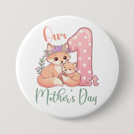Chapa Redonda De 7 Cm Mamá y Bebé Zorro Rosa 1er Día de las Madres