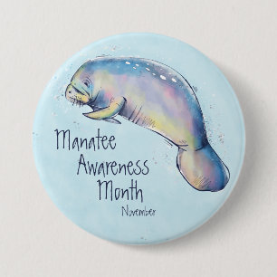 Chapa Redonda De 7 Cm Manatee Awareness Mes, manatí acuarela