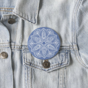Chapa Redonda De 7 Cm Mandalá Blanco Exótico sobre Fondo Azul