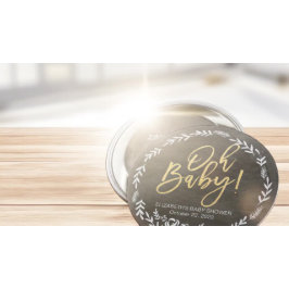 Chapa Redonda De 7 Cm Marcador de marco floral blanco y negro de Baby Sh