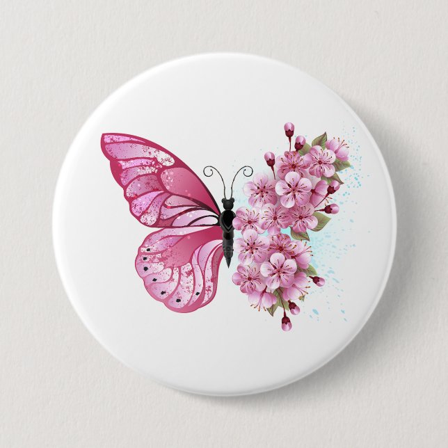 Chapa Redonda De 7 Cm Mariposa de flores con Sakura rosa (Anverso)