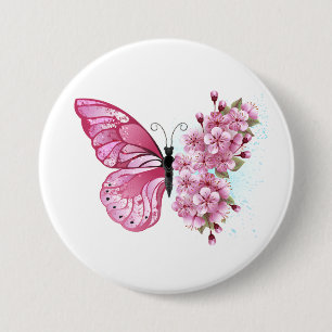 Chapa Redonda De 7 Cm Mariposa de flores con Sakura rosa