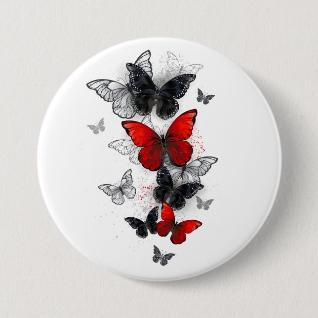 Chapa Redonda De 7 Cm Mariposas Morpho voladoras negras y rojas (Anverso)