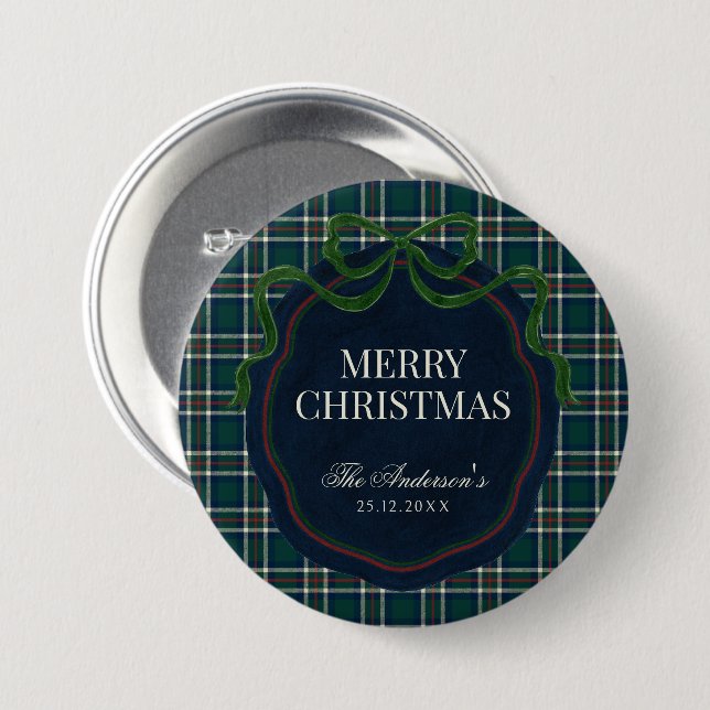Chapa Redonda De 7 Cm Merry Christmas Classic Preppy Tartan Plaid (Anverso y reverso)
