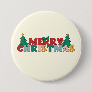 Chapa Redonda De 7 Cm Merry Christmas Typography Decorated Pine Tree