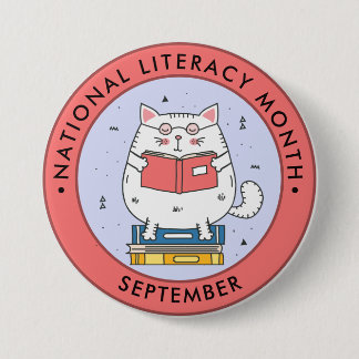 Chapa Redonda De 7 Cm Mes nacional de alfabetización, lectura de gato, r