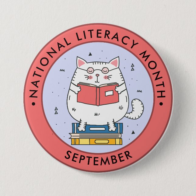 Chapa Redonda De 7 Cm Mes nacional de alfabetización, lectura de gato, r (Anverso)