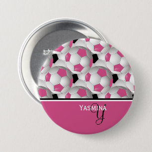 Chapa Redonda De 7 Cm Monograma Patrón negro rosado de bola de fútbol