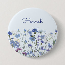 Chapa Redonda De 7 Cm Monogramo Blue Watercolor Wildflower garden