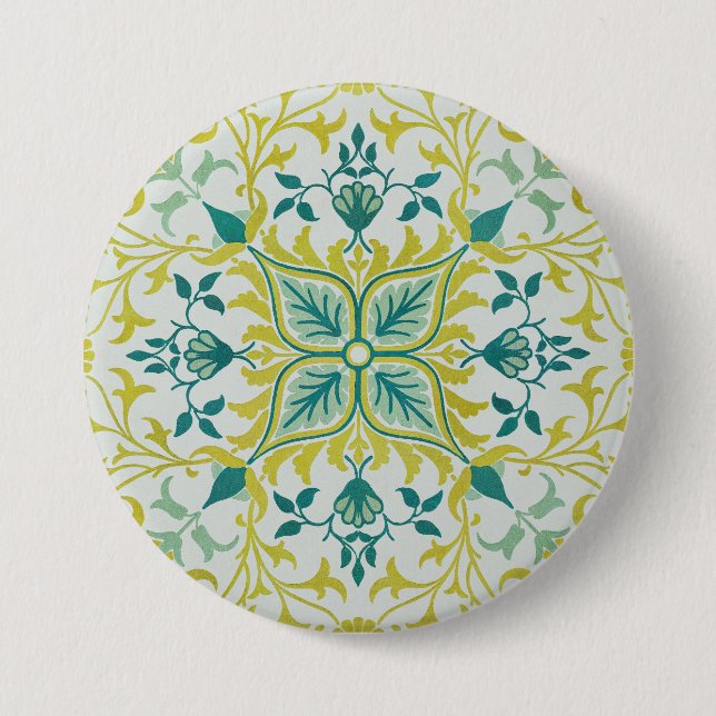 Chapa Redonda De 7 Cm Morris Yellow Turquoise Vine & Flower Pattern (Anverso)