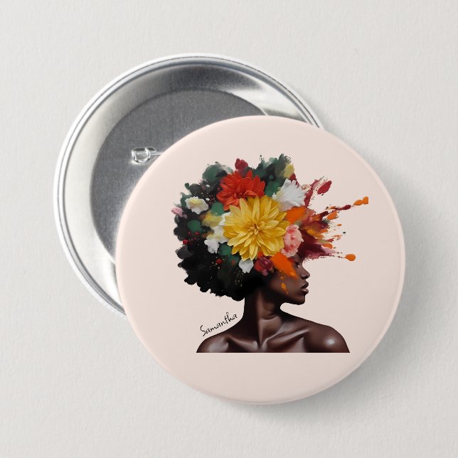 Chapa Redonda De 7 Cm Mujer afroamericana con pelo afro floral (2) (Anverso y reverso)
