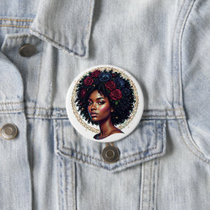 Chapa Redonda De 7 Cm Mujer Negra Floral Oscuro Afro
