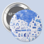 Chapa Redonda De 7 Cm Municipio de Santorini Greece Watercolor<br><div class="desc">Un cuadro de paisajes acuáticos de la hermosa isla griega de Santorini en azul y blanco.</div>