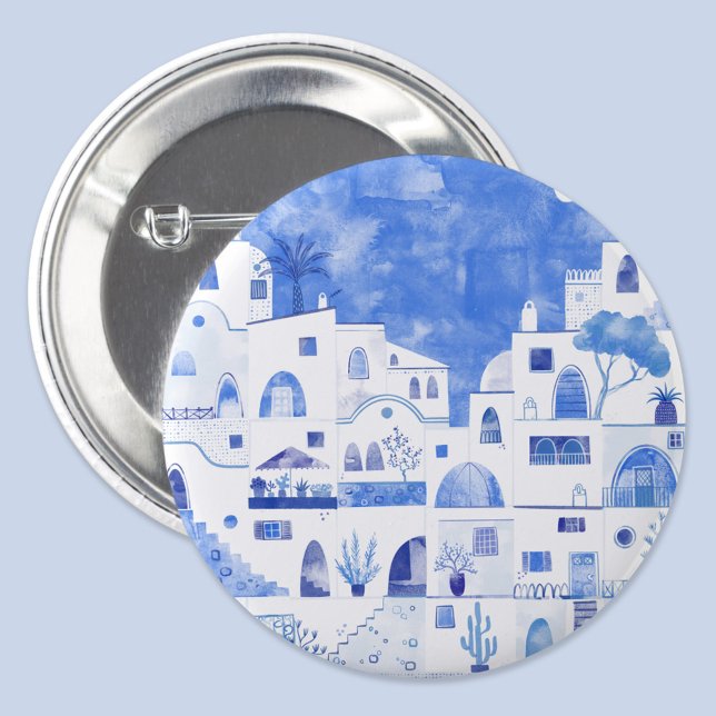 Chapa Redonda De 7 Cm Municipio de Santorini Greece Watercolor (Santorini Oia Greece watercolor blue and white art button)