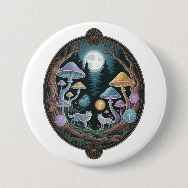 Chapa Redonda De 7 Cm Mystical Moonlit Wolves in Enchanted Mushroom Fore (Anverso)
