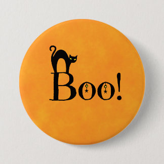 Chapa Redonda De 7 Cm Naranja de Halloween - "¡Boo! con gato negro"