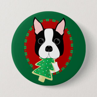 Chapa Redonda De 7 Cm Navidad de Boston Terrier