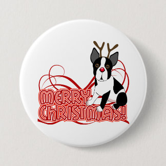 Chapa Redonda De 7 Cm Navidad de Boston Terrier