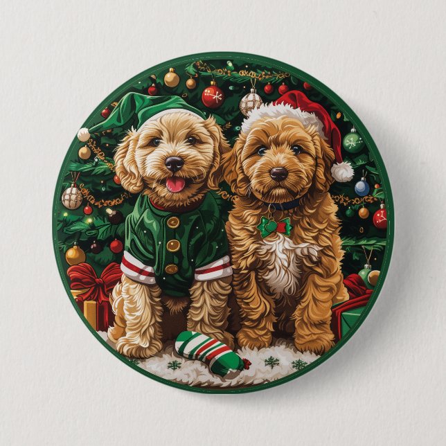 Chapa Redonda De 7 Cm Navidades Goldendoodle Puppy Dogs (Anverso)