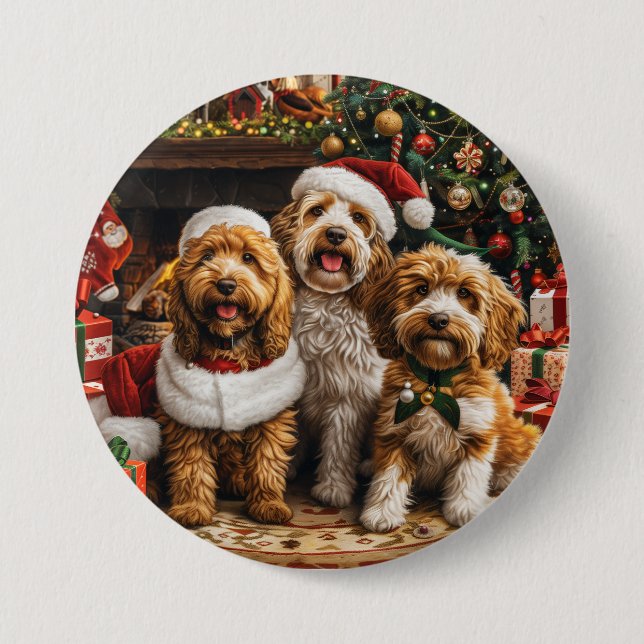 Chapa Redonda De 7 Cm Navidades Goldendoodle Puppy Dogs (Anverso)