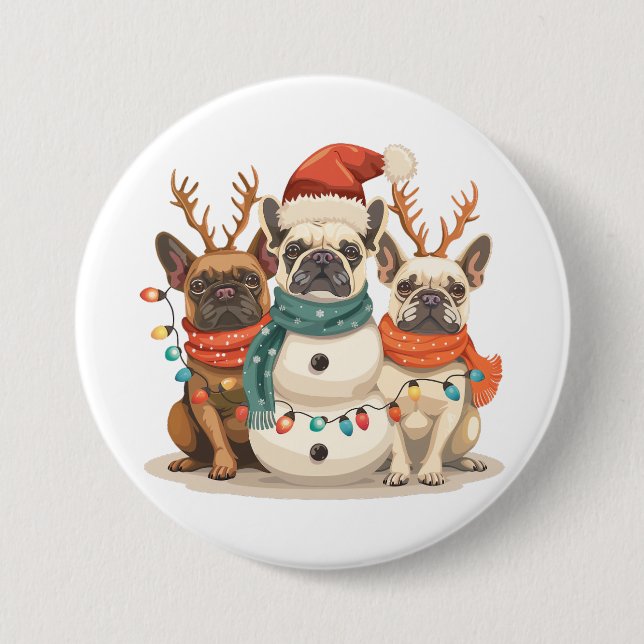 Chapa Redonda De 7 Cm Navidades Perros renos Bulldoges franceses (Anverso)