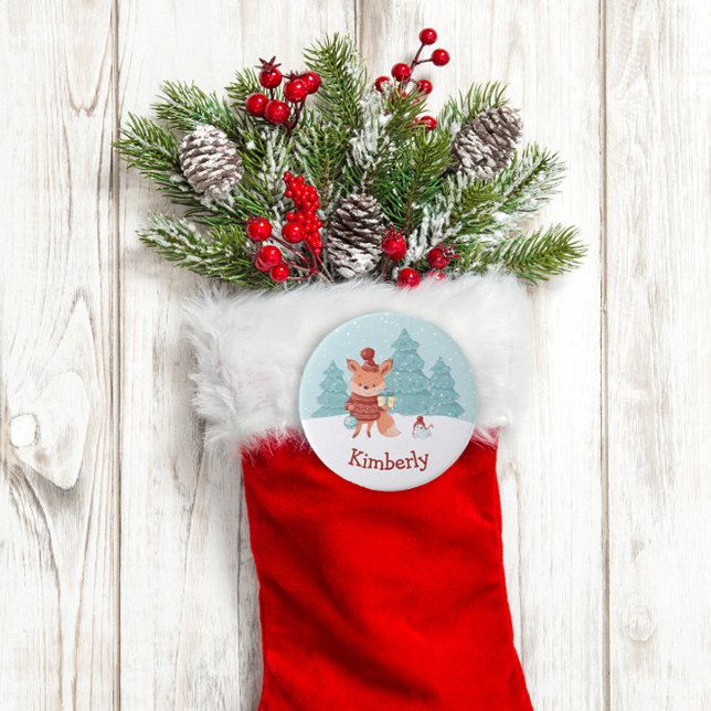 Chapa Redonda De 7 Cm Navidades personalizados de Woodland Fox (Personalized Christmas Stocking Name Tag Button)