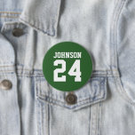 Chapa Redonda De 7 Cm Nombre del atleta verde y blanco Número de Jersey<br><div class="desc">Alegra a tu equipo deportivo favorito, jugador de fútbol o simplemente muestra tu orgullo escolar con un botón personalizado personalizado. Añade tu nombre escolar o personaliza con el nombre del jugador y el número de camiseta. Perfecto para el fútbol, el baloncesto, el béisbol y los partidos de fútbol. Crea pines...</div>