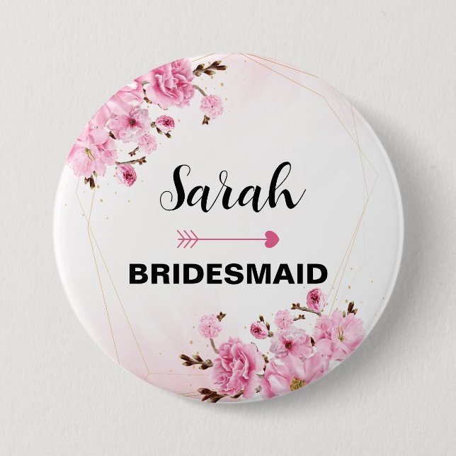 Chapa Redonda De 7 Cm Nombre personalizado Bridesmaid Flor rosa elegante (Anverso)