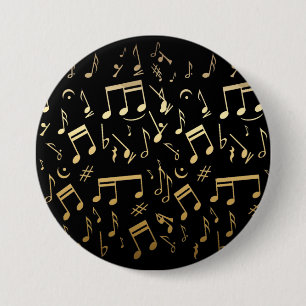 Chapa Redonda De 7 Cm Notas musicales de oro sobre fondo negro