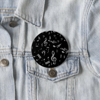 Chapa Redonda De 7 Cm Notas musicales gris sobre negro