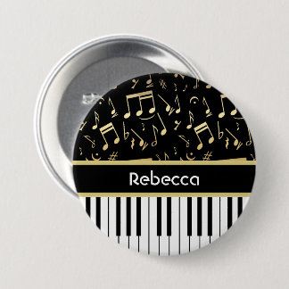 Chapa Redonda De 7 Cm Notas musicales y claves de piano negro y oro