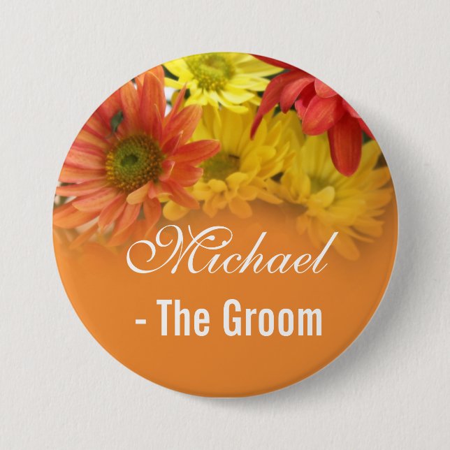 Chapa Redonda De 7 Cm Novia roja, amarilla y naranja, boda novio (Anverso)