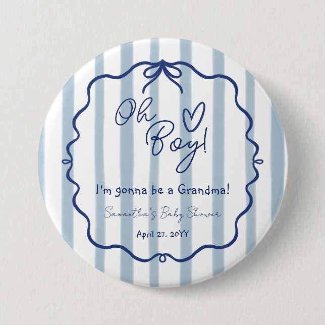 Chapa Redonda De 7 Cm Oh Boy Cute Moderno Dusty Blue Baby Shower Grandma (Anverso)