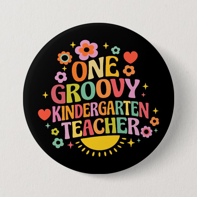 Chapa Redonda De 7 Cm One groovy kindergarten teacher (Anverso)