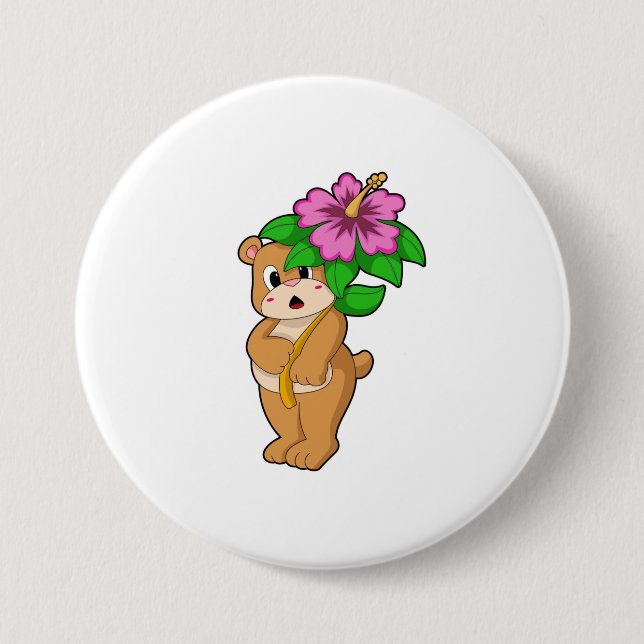 Chapa Redonda De 7 Cm Oso con hibiscus flor (Anverso)