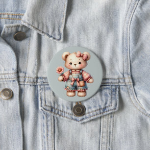 Chapa Redonda De 7 Cm Oso de peluche pastel sosteniendo una flor con ove
