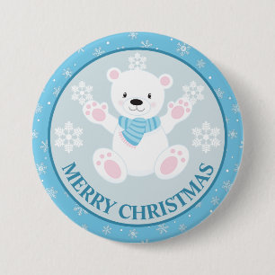 Chapa Redonda De 7 Cm Oso Polar Adorable y Copos de Nieve Azul Navidad