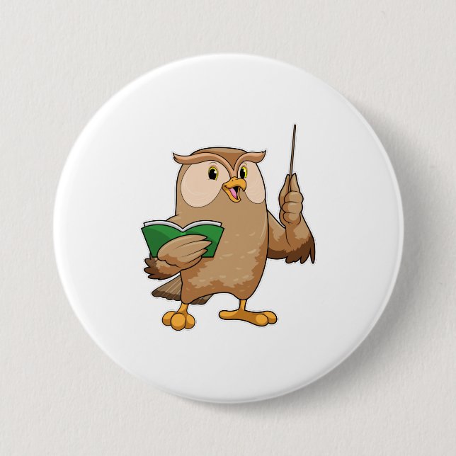 Chapa Redonda De 7 Cm Owl como profesor con libro y puntero (Anverso)