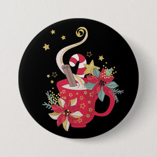 Chapa Redonda De 7 Cm Palitos de canela en taza de té roja poinsettias,