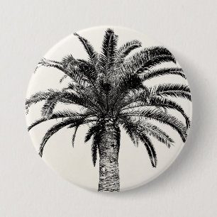 Chapa Redonda De 7 Cm Palmera tropical retra de la isla en blanco y